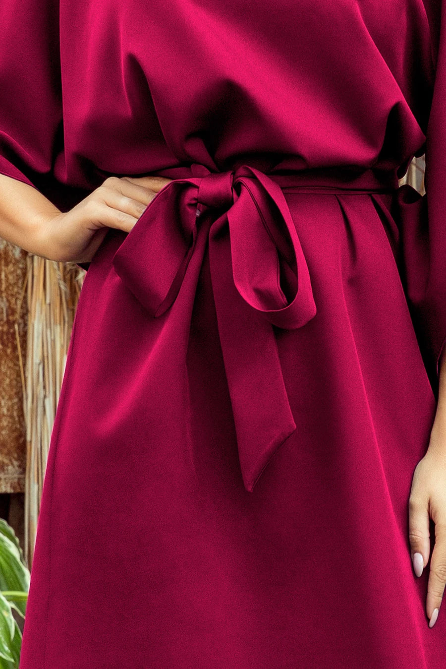 SOFIA Butterfly dress with a binding at the waist – Burgundy Color