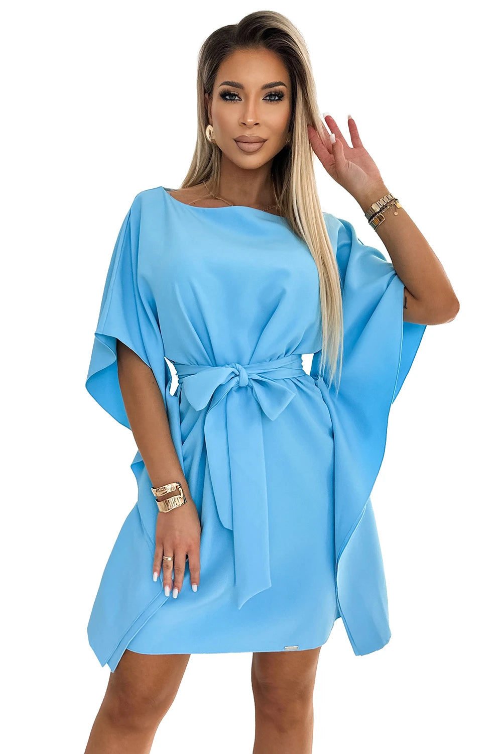 SOFIA Butterfly dress with a binding at the waist – Light Blue