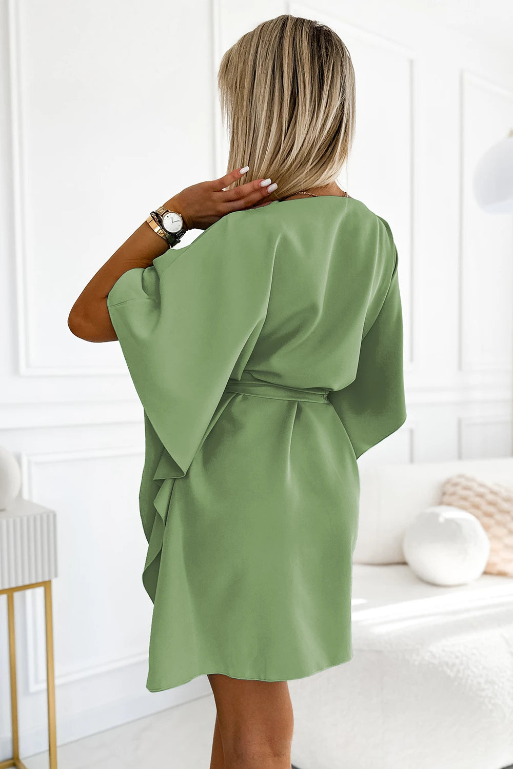 SOFIA Butterfly dress with a binding at the waist – Olive Color