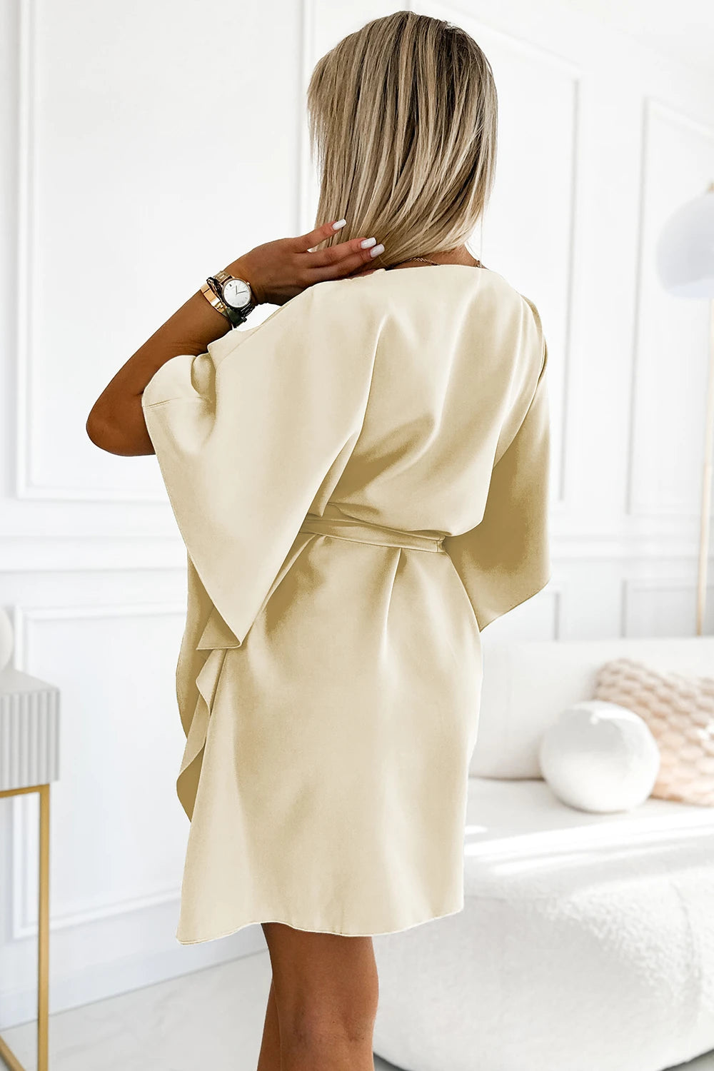 SOFIA Butterfly dress with a binding at the waist – Beige