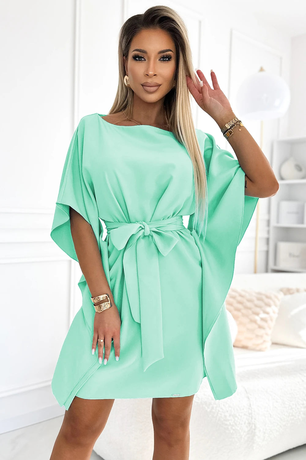SOFIA Women's butterfly dress with a tie at the waist – Mint