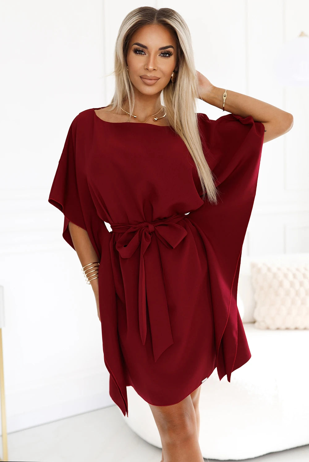 SOFIA Butterfly dress with a binding at the waist – Burgundy Color