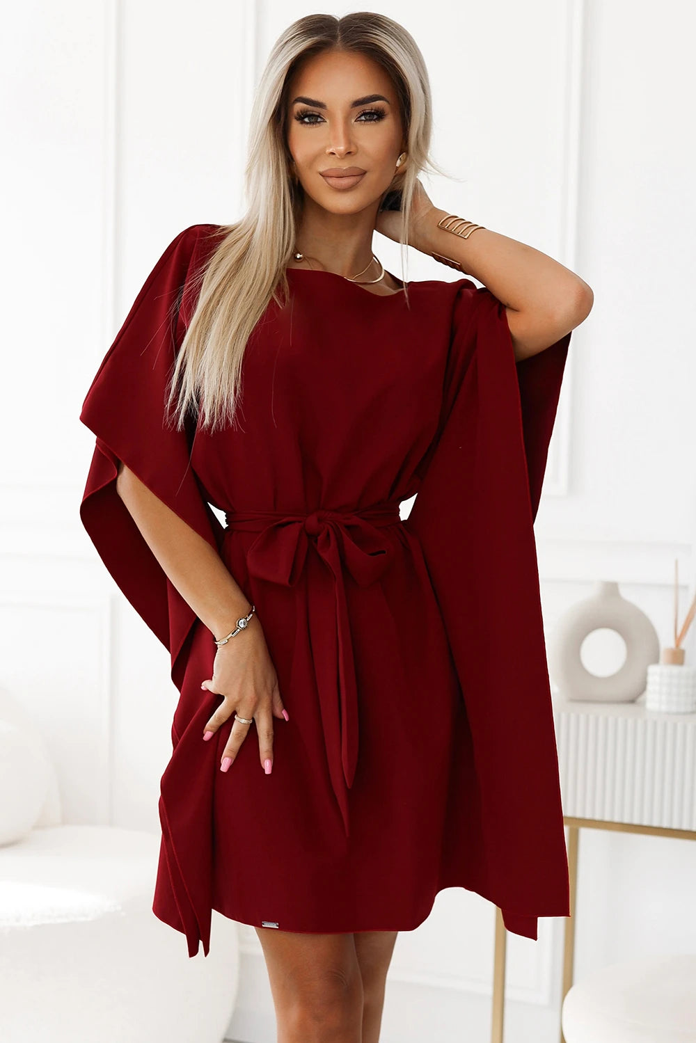 SOFIA Butterfly dress with a binding at the waist – Burgundy Color