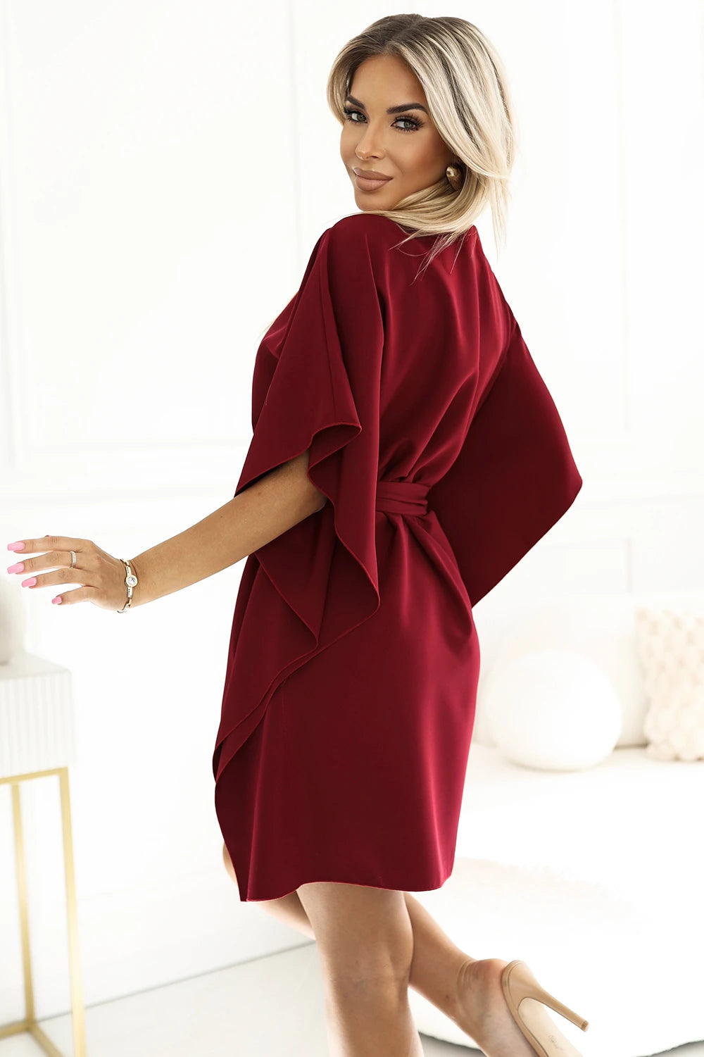 SOFIA Butterfly dress with a binding at the waist – Burgundy Color