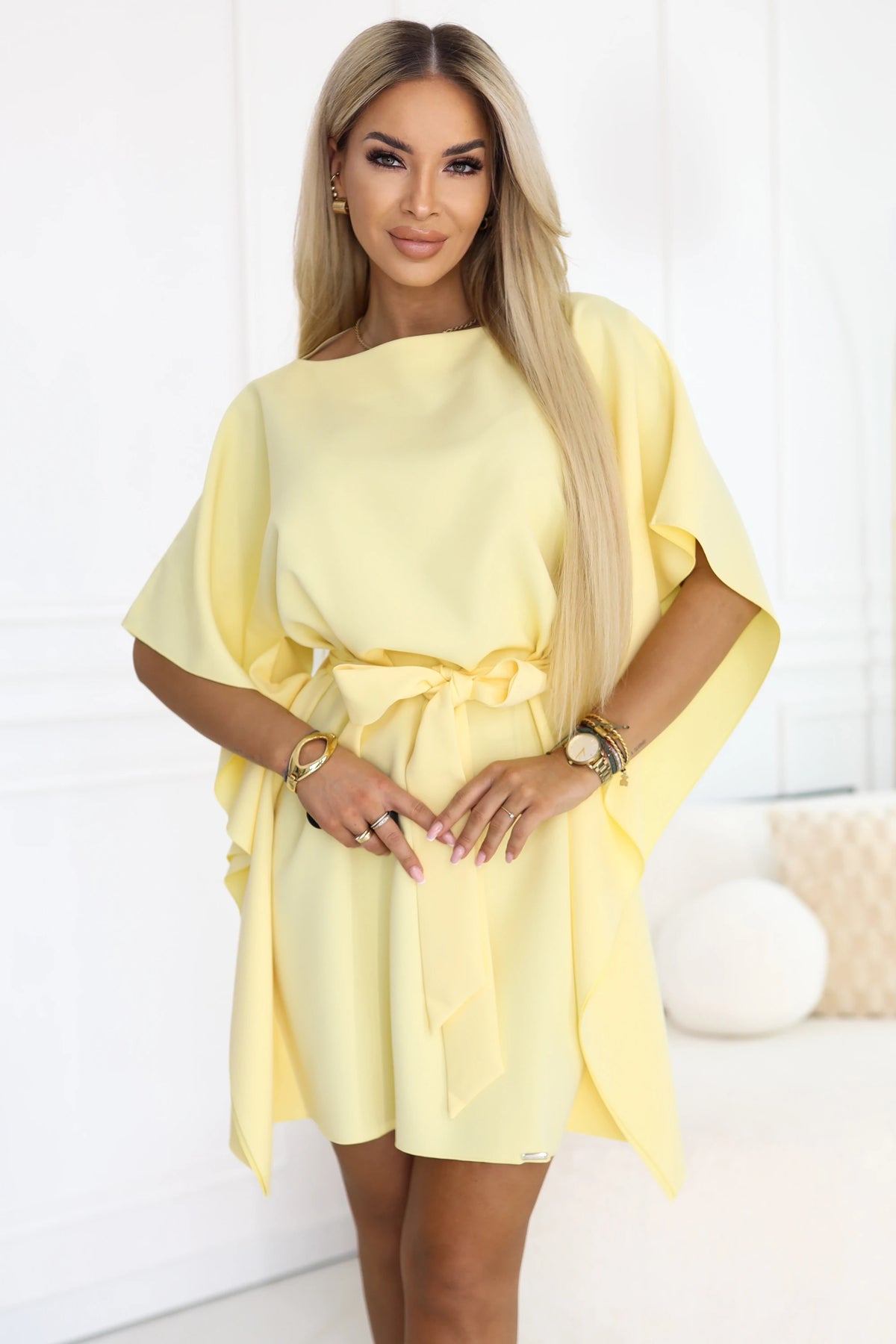 SOFIA Butterfly dress with waist tie – Butter Yellow