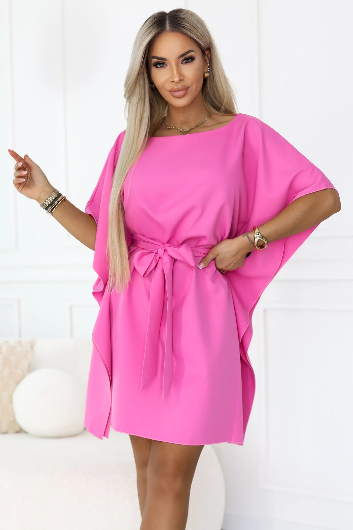 SOFIA Pink Butterfly Dress with Waist Tie – Light Fuchsia Hot Pink