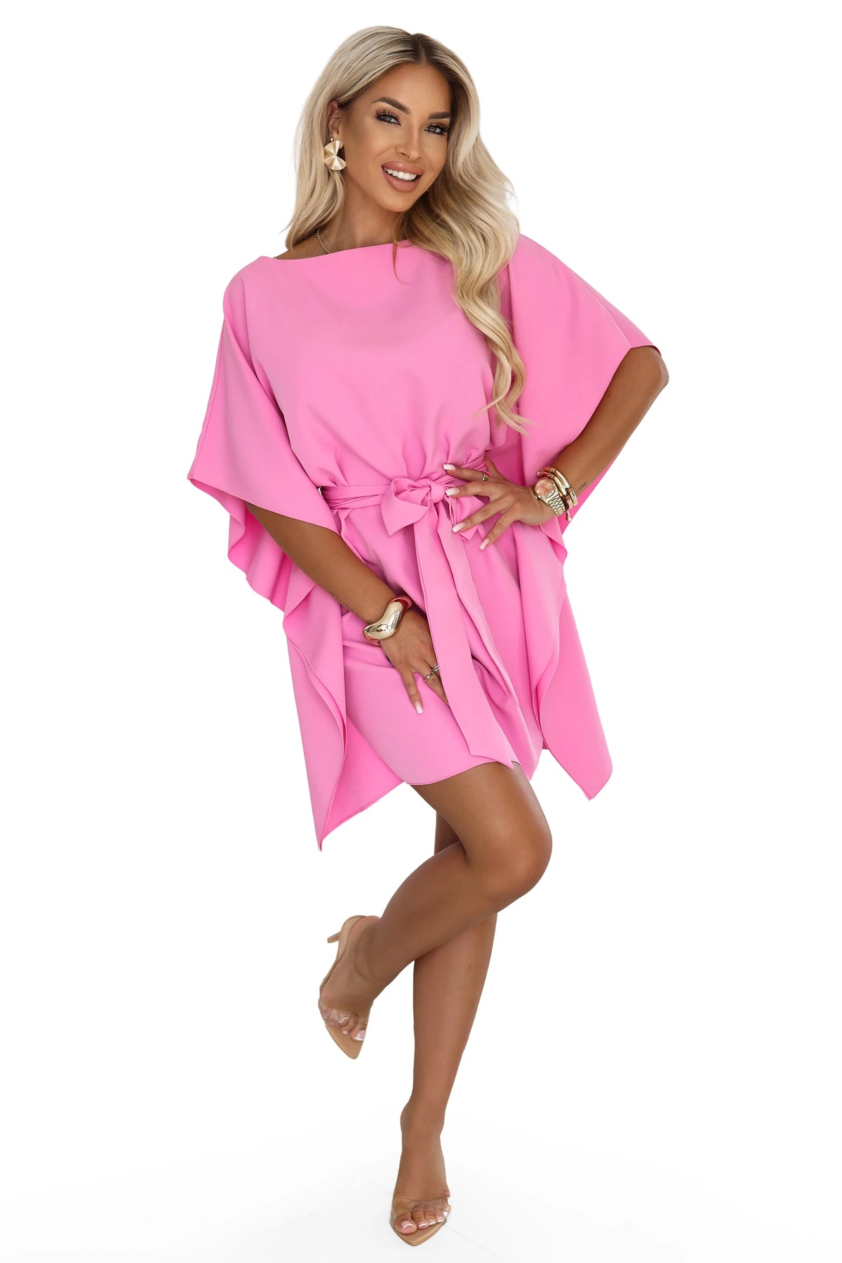 SOFIA Pink butterfly dress with a waist tie – Candy Pink