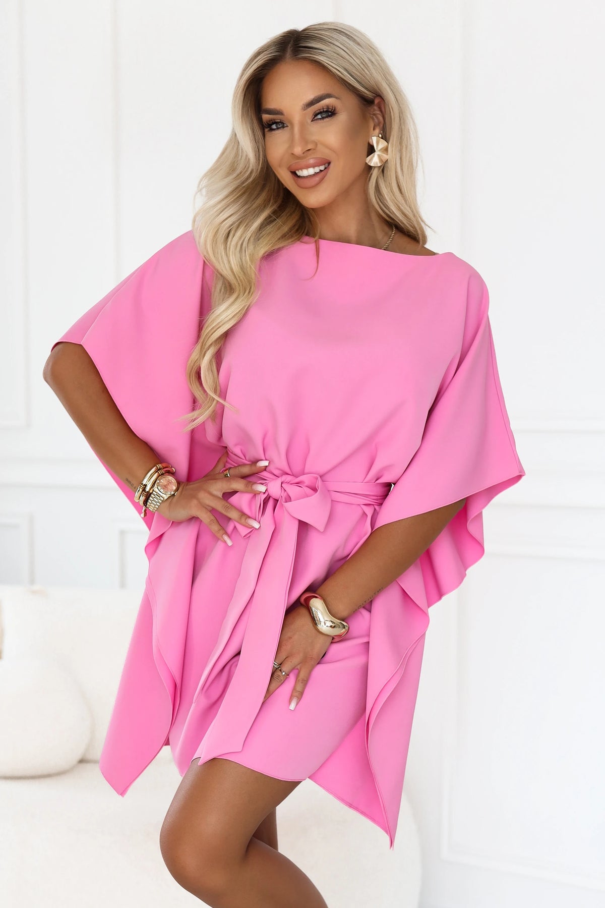 SOFIA Pink butterfly dress with a waist tie – Candy Pink