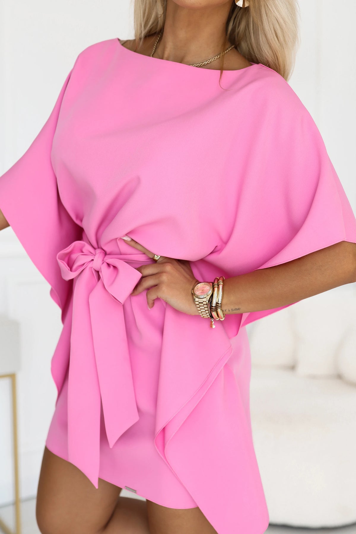 SOFIA Pink butterfly dress with a waist tie – Candy Pink