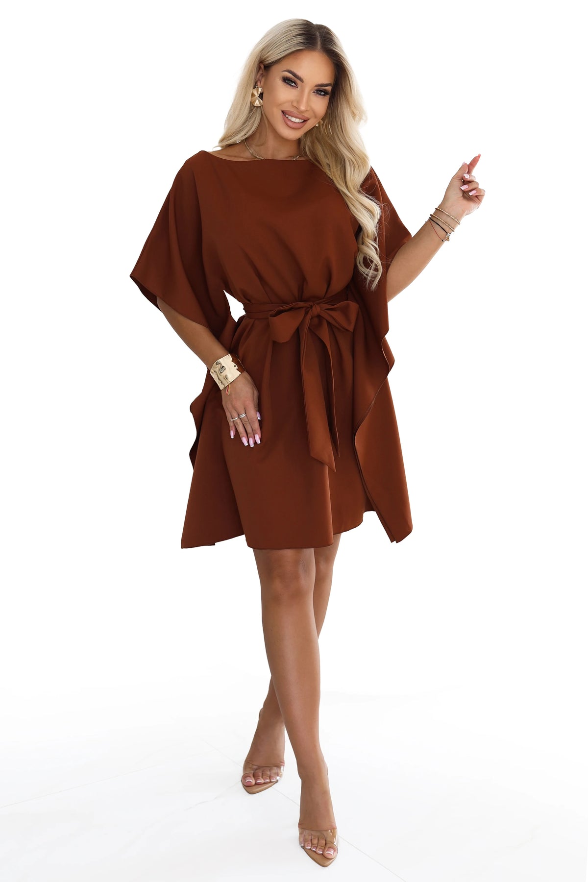 SOFIA Feminine butterfly-style dress with a waist tie – Cinnamon Brown