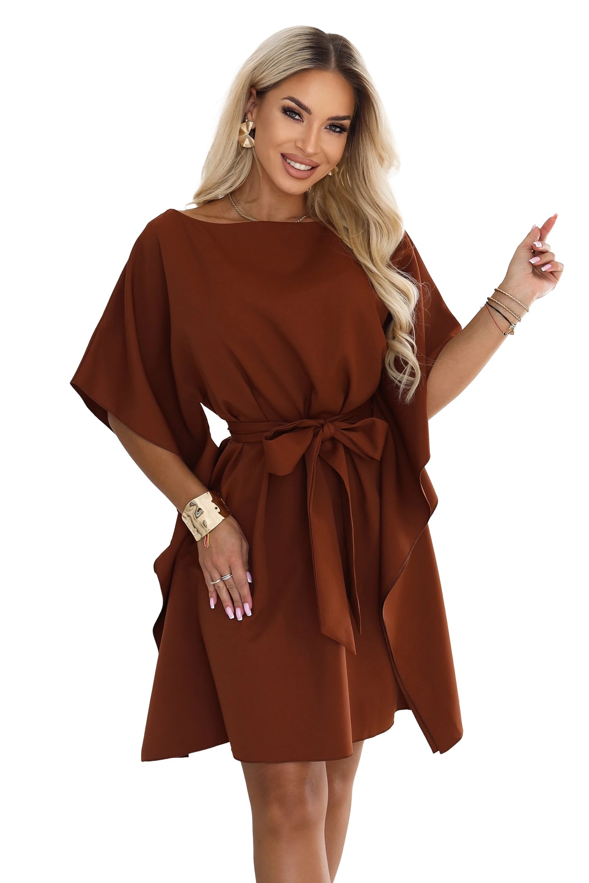 SOFIA Feminine butterfly-style dress with a waist tie – Cinnamon Brown