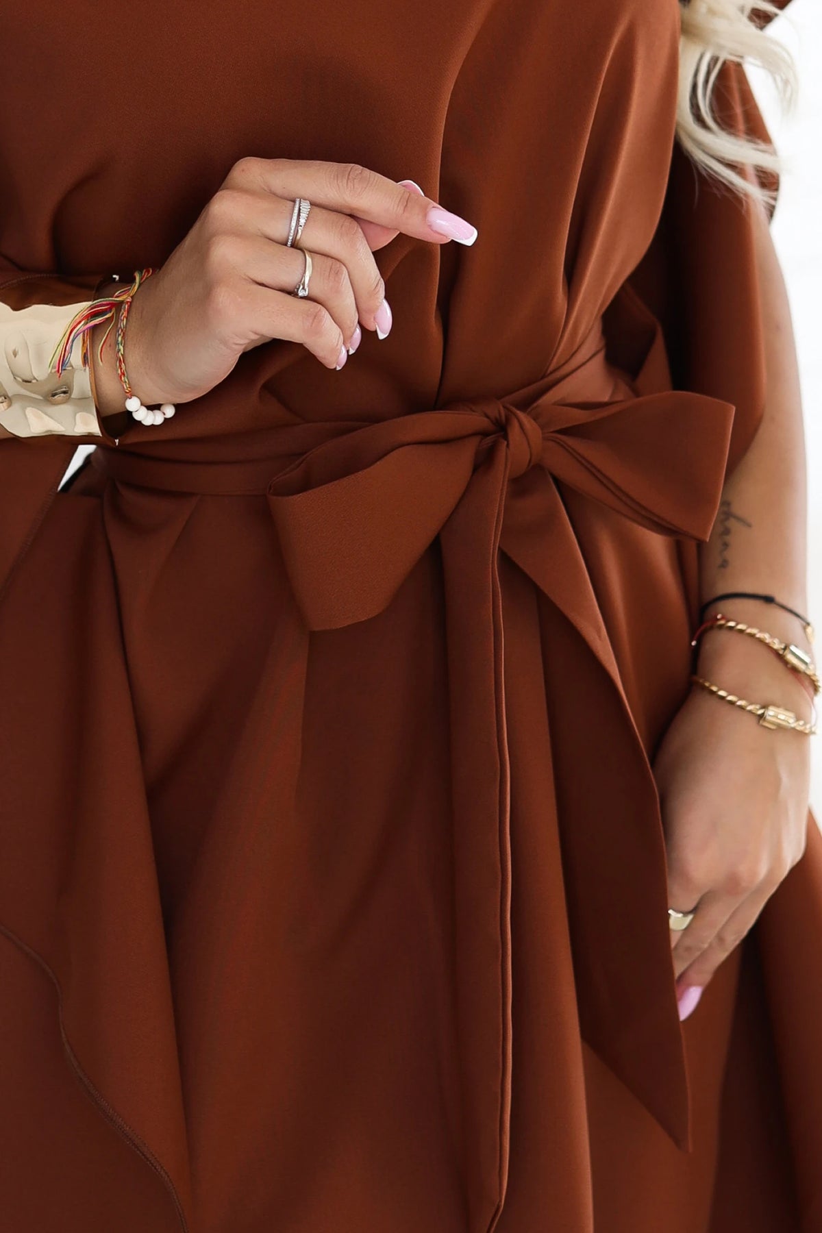 SOFIA Feminine butterfly-style dress with a waist tie – Cinnamon Brown