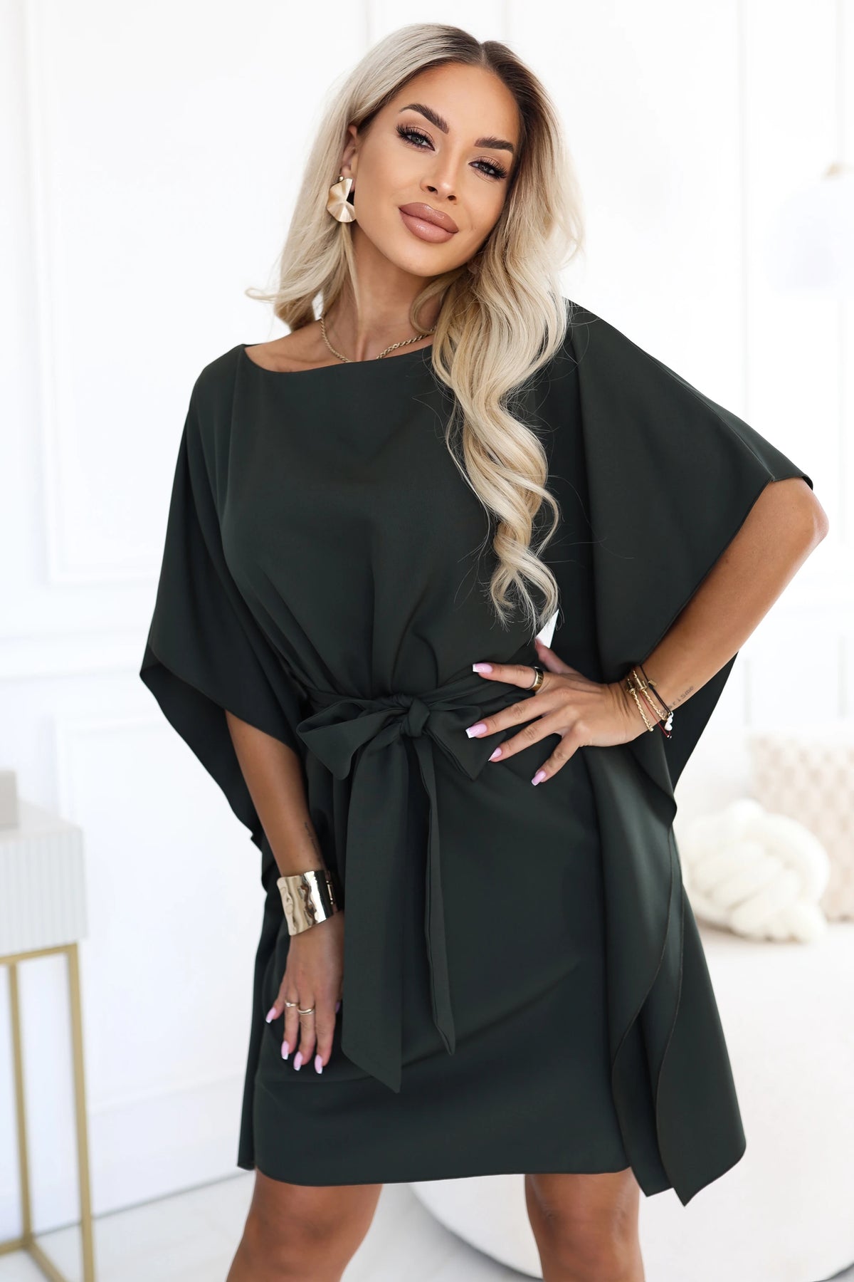 SOFIA Feminine butterfly-style dress with a waist tie – Dark Khaki
