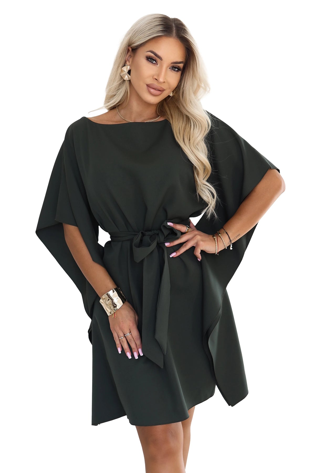 SOFIA Feminine butterfly-style dress with a waist tie – Dark Khaki