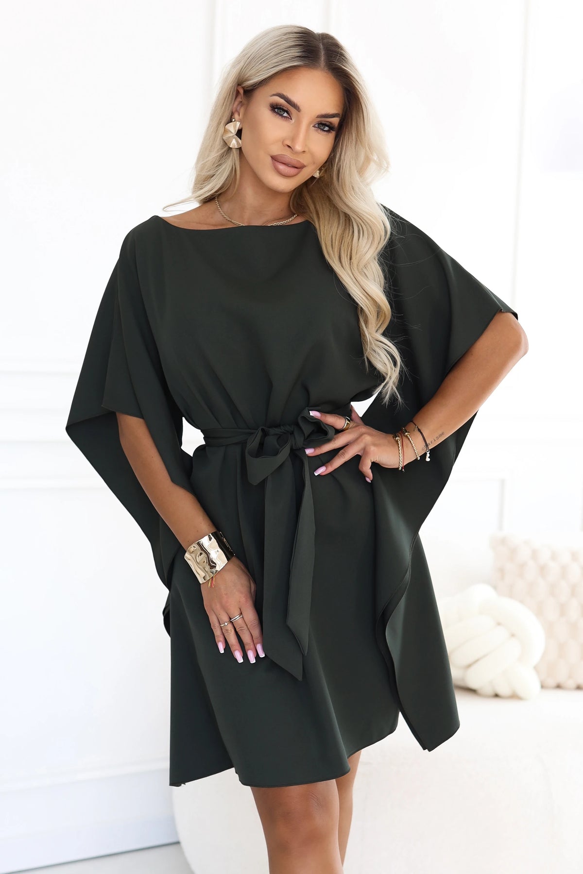 SOFIA Feminine butterfly-style dress with a waist tie – Dark Khaki