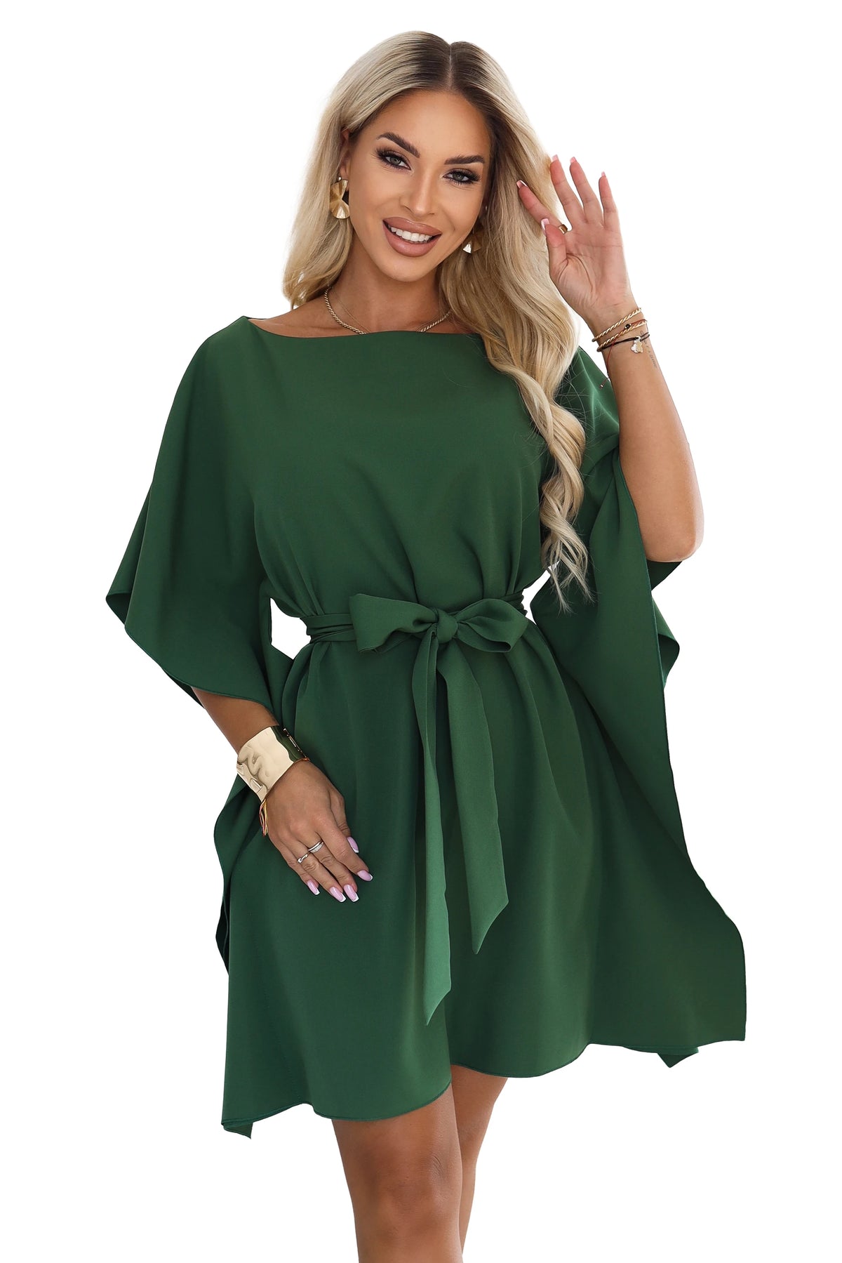 SOFIA Feminine butterfly-style dress with a waist tie – Emerald Green