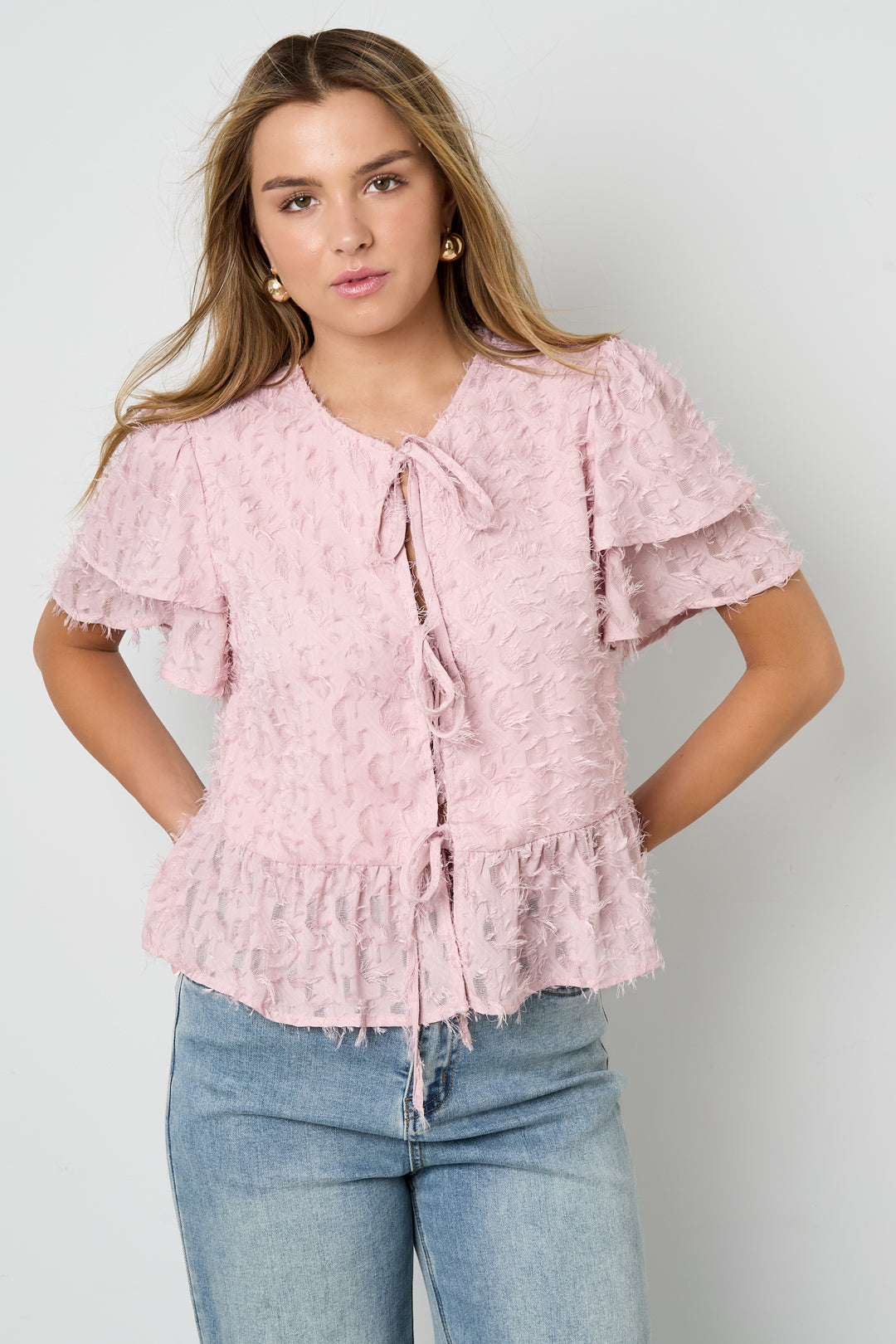Woven Polyester Fiber Women's Short Sleeve Tops Elegant Tie-up Solid Color
