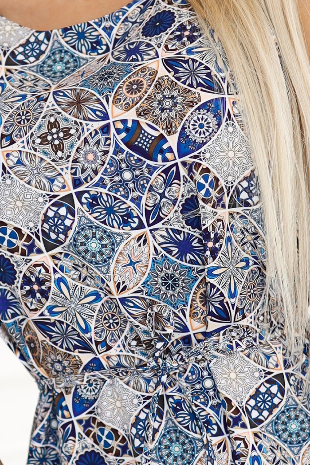 VICTORIA Trapeze boho dress with a Mediterranean print – Blue