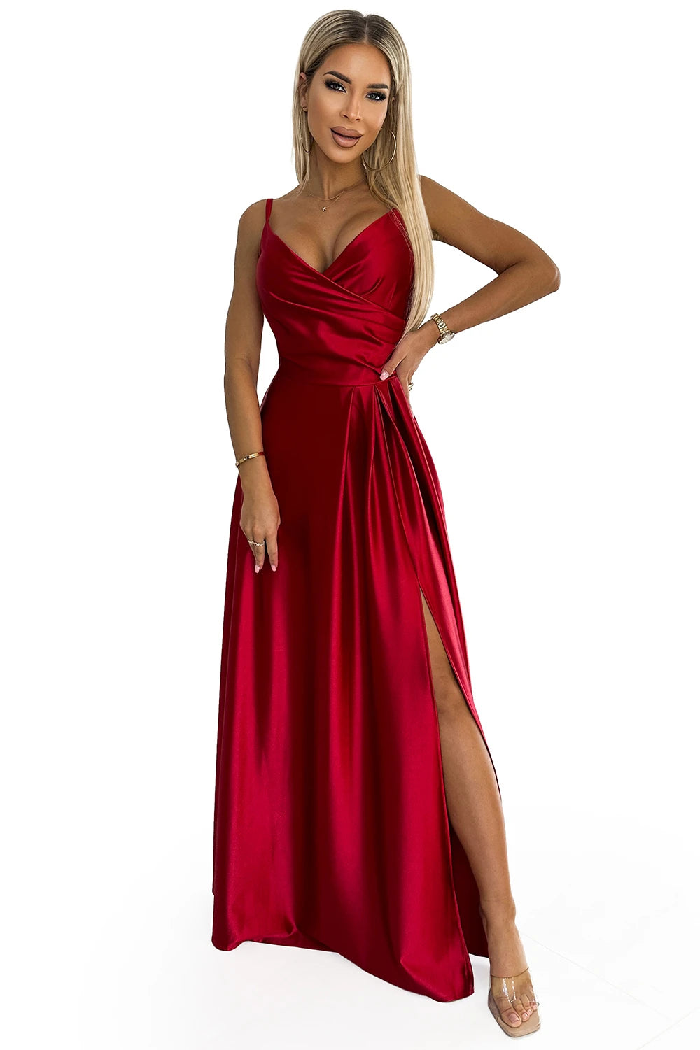 CHIARA elegant satin maxi dress with straps – Red Color