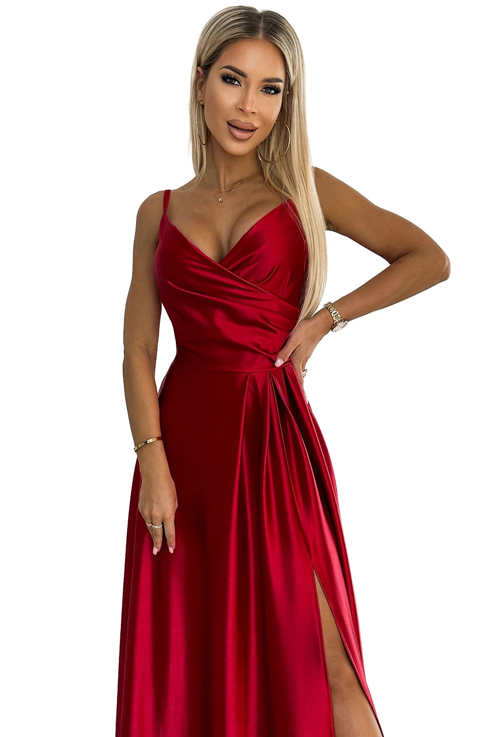 CHIARA elegant satin maxi dress with straps – Red Color