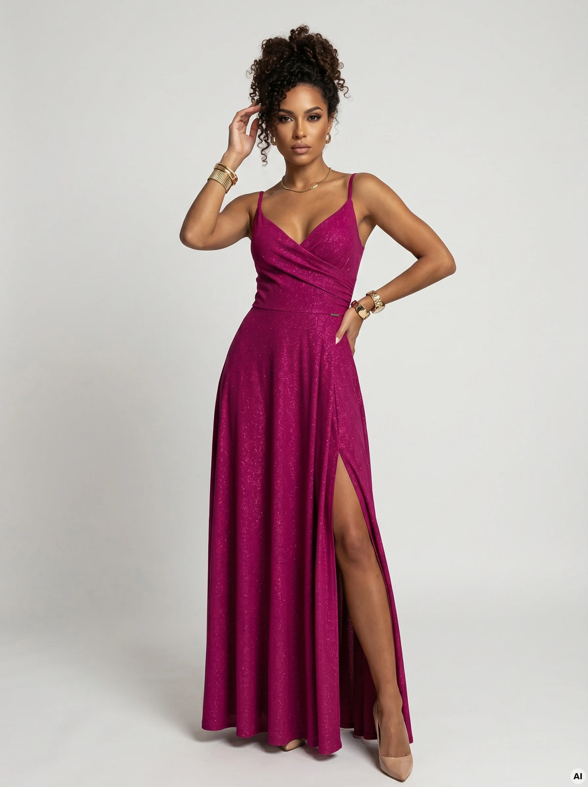 CHIARA Evening maxi long gown on straps – Brocade Fuchsia