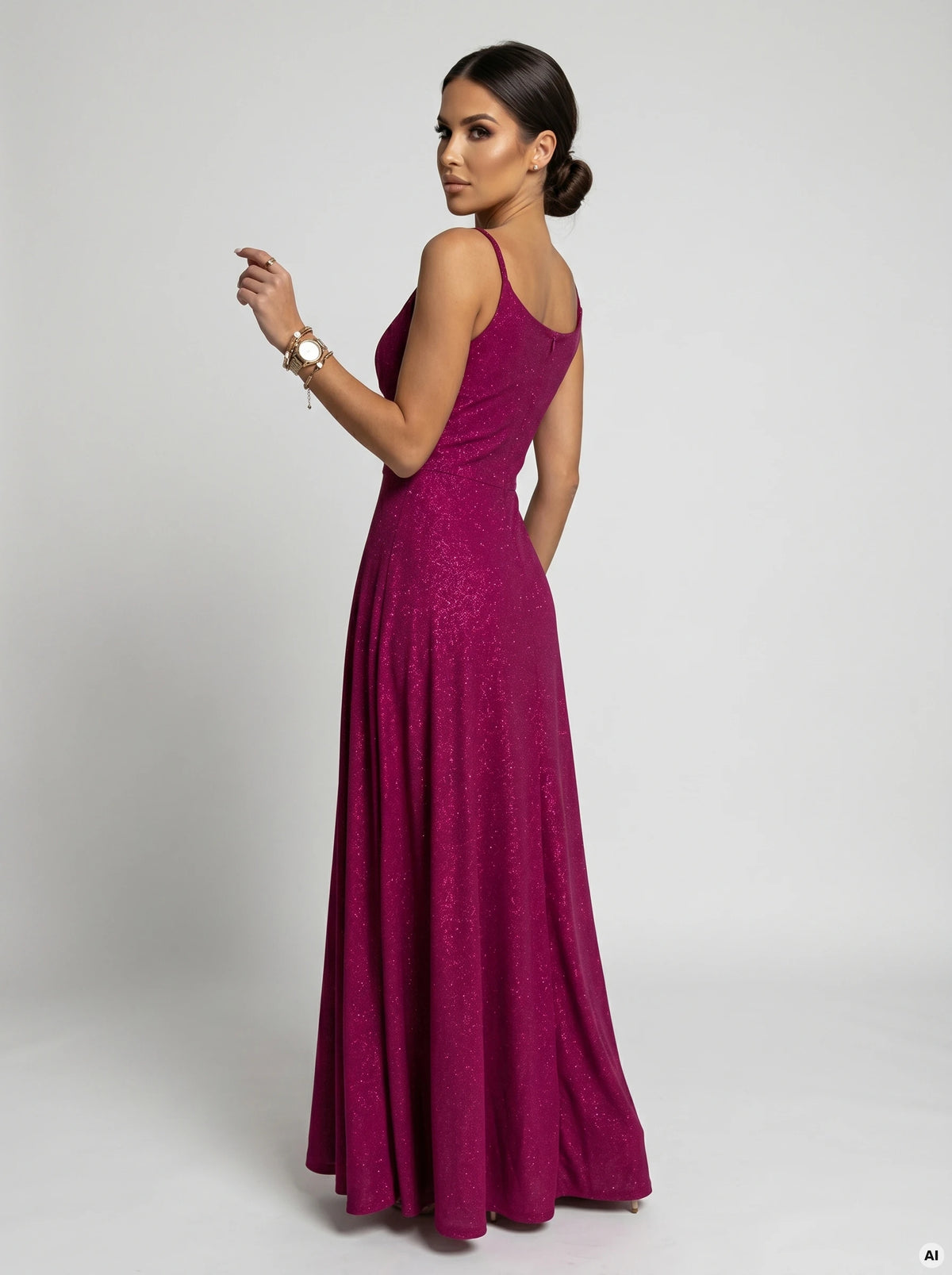 CHIARA Evening maxi long gown on straps – Brocade Fuchsia