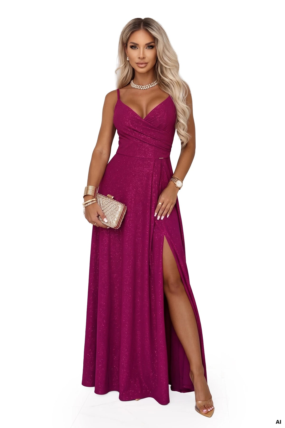 CHIARA Evening maxi long gown on straps – Brocade Fuchsia