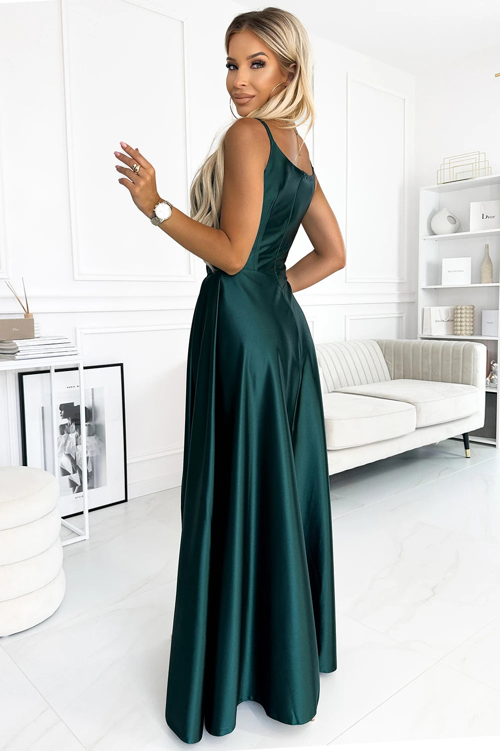 CHIARA elegant satin maxi dress with straps – Green