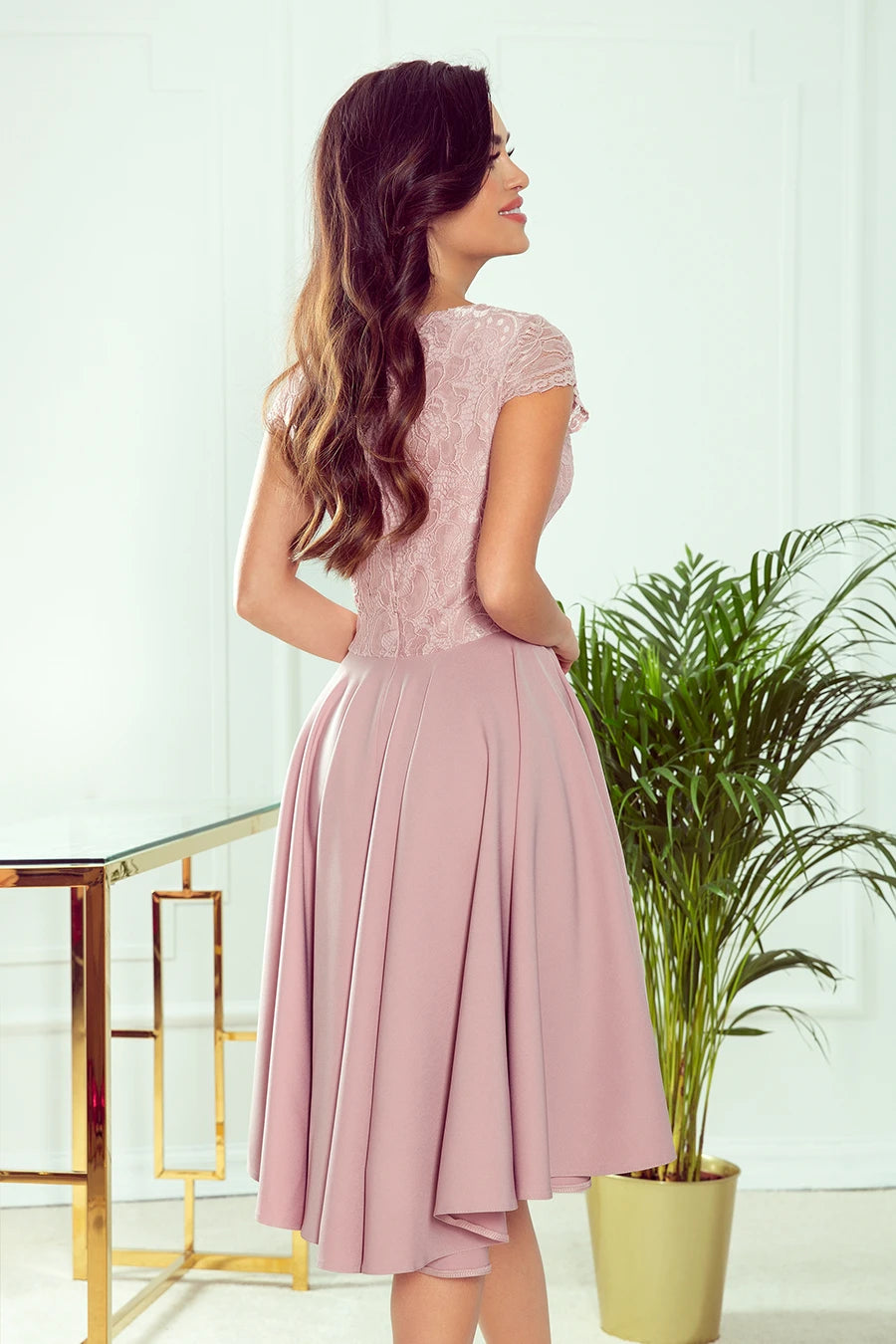 -SS2020 PATRICIA – dress with longer back with lace neckline – Powder Pink