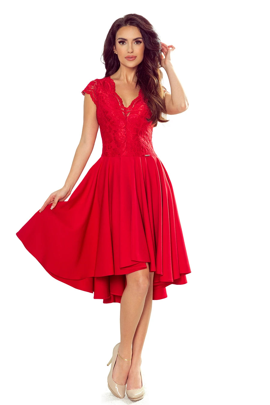 -SS2020 PATRICIA – dress with longer back with lace neckline – Red