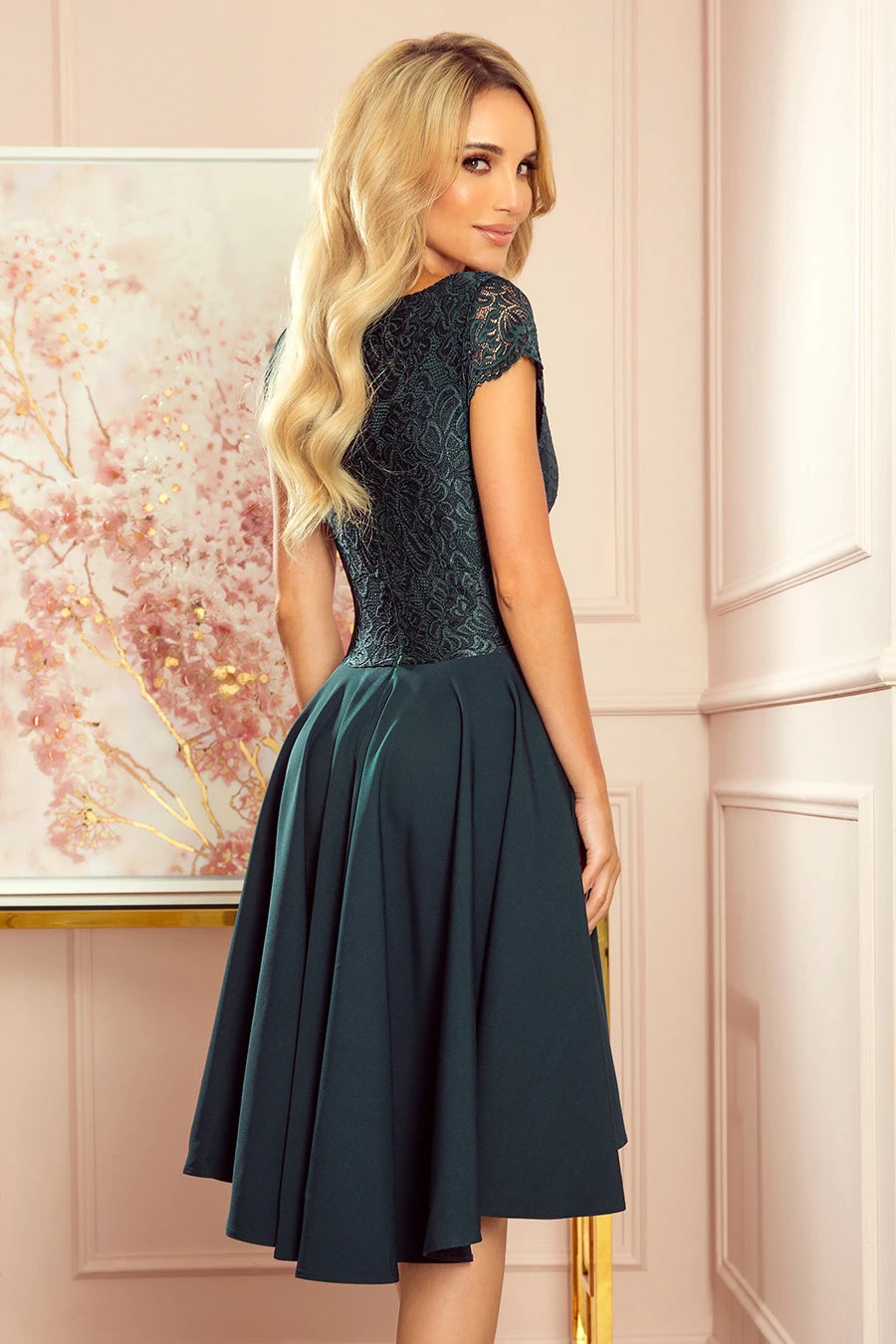 -SS2020 PATRICIA – dress with longer back with lace neckline – Green Color