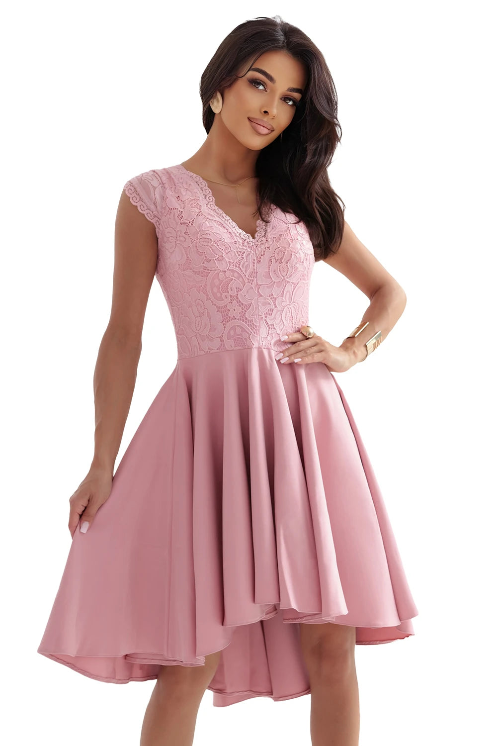 PATRICIA dress with longer back with lace neckline – Powder Pink