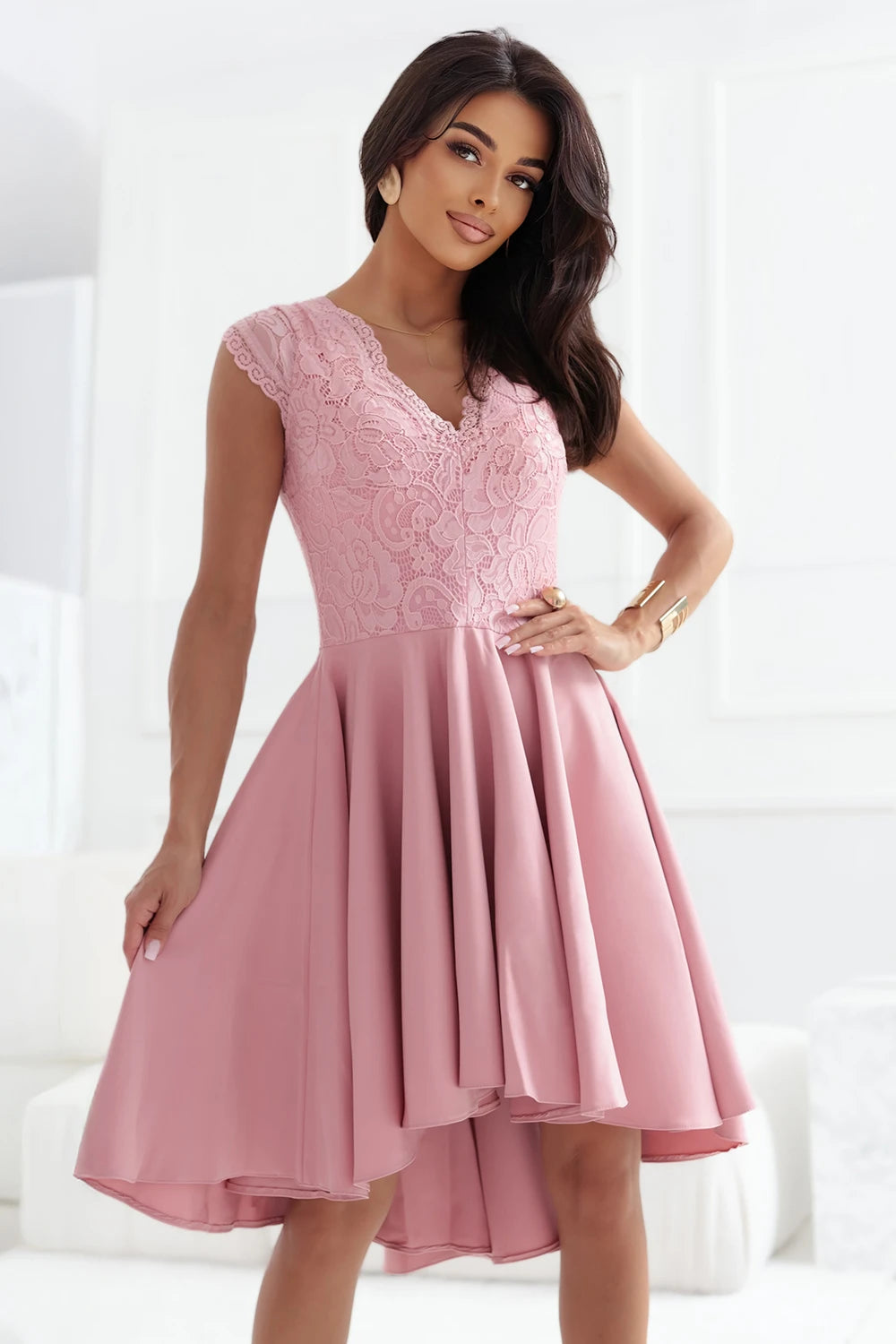 PATRICIA dress with longer back with lace neckline – Powder Pink