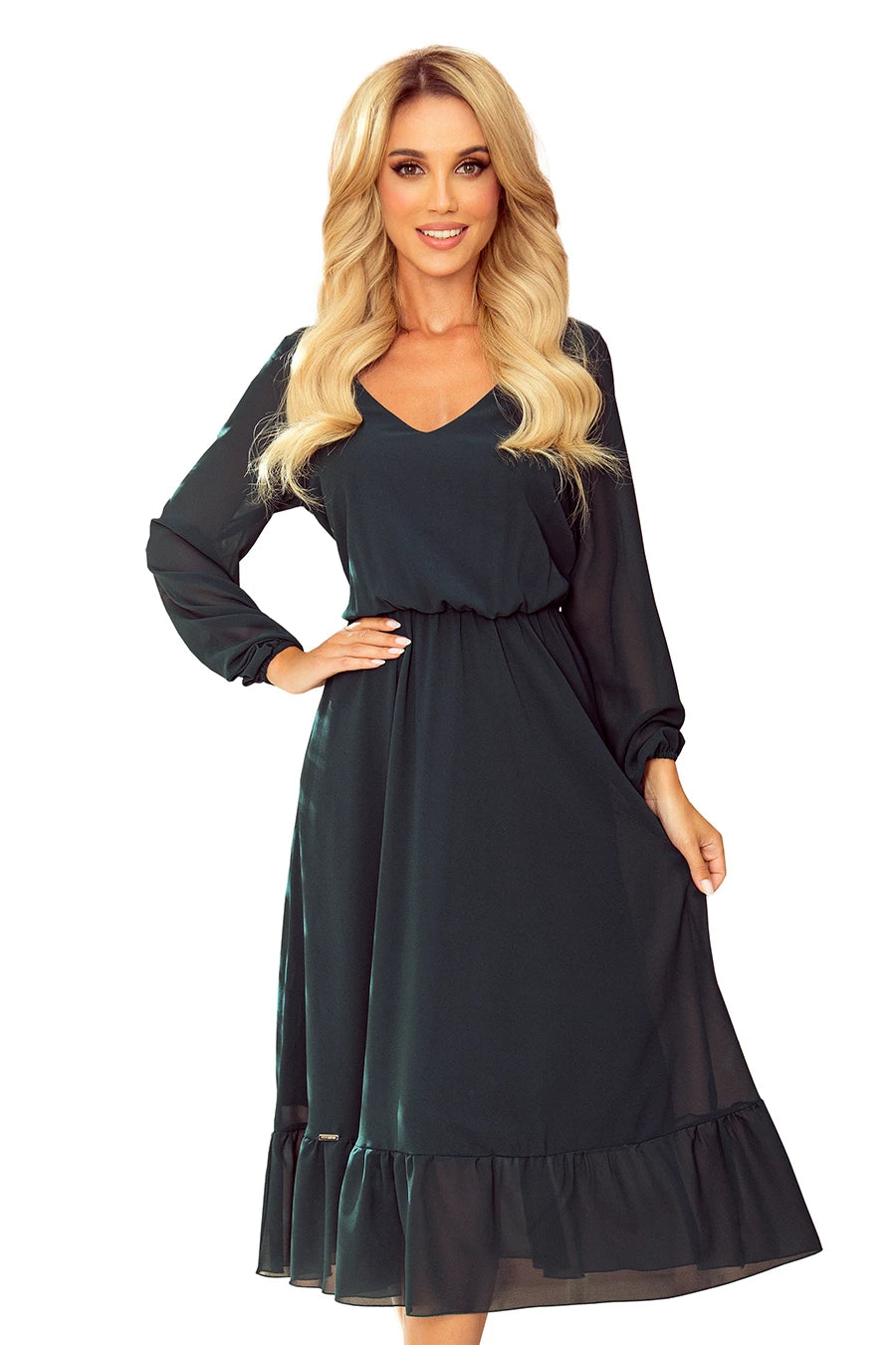 -SS2020 Chiffon midi dress with a neckline and frill – Grün