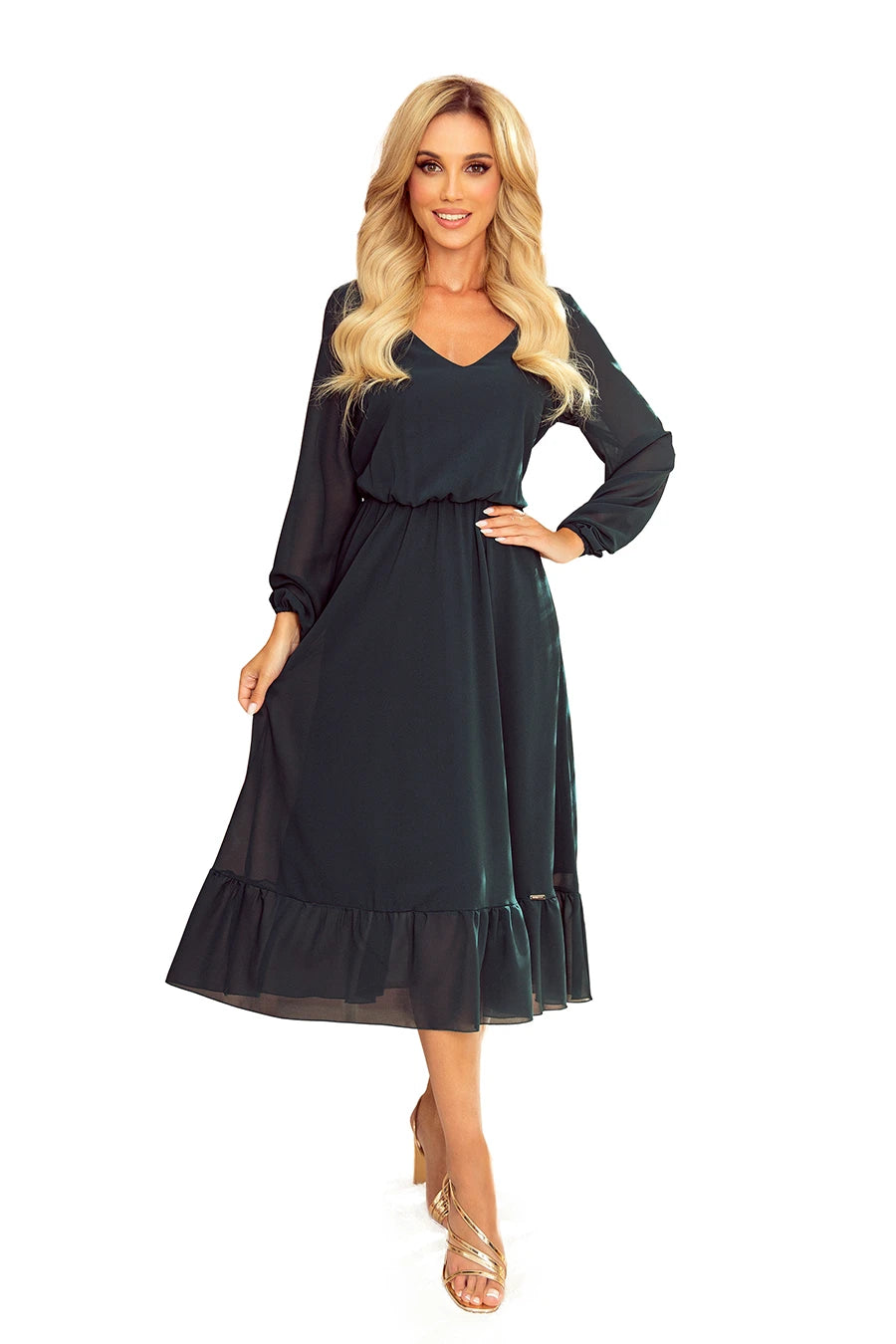 -SS2020 Chiffon midi dress with a neckline and frill – Grün