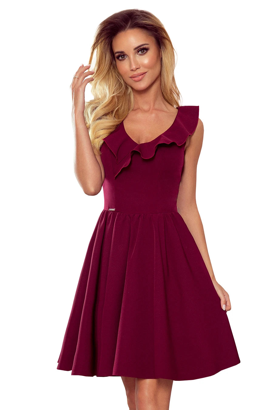 -SS2020 POLA dress with frills on the neckline – Burgundy Color