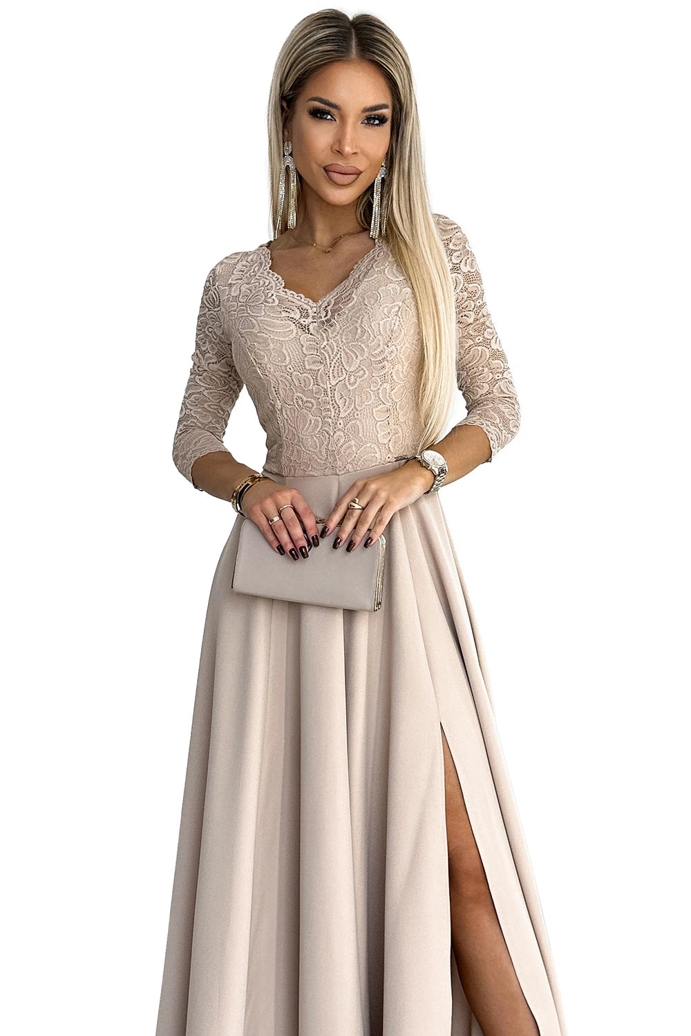 AMBER lace, elegant long dress with a neckline and leg slit – Beige