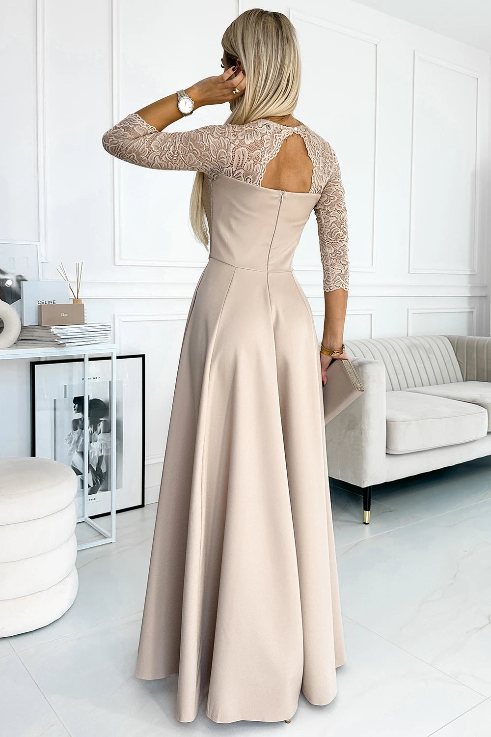AMBER lace, elegant long dress with a neckline and leg slit – Beige