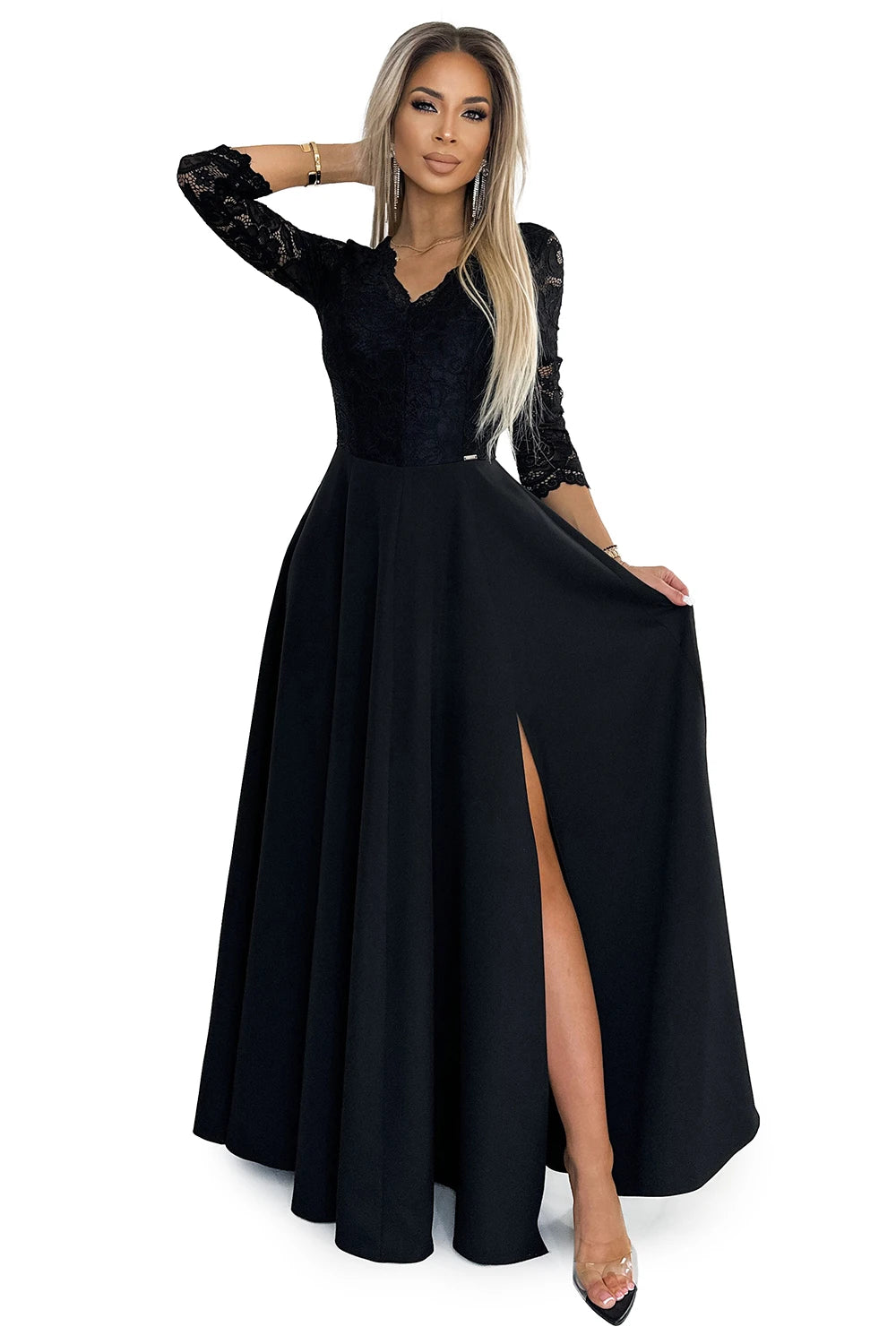 AMBER lace, elegant long dress with a neckline and leg slit – Black