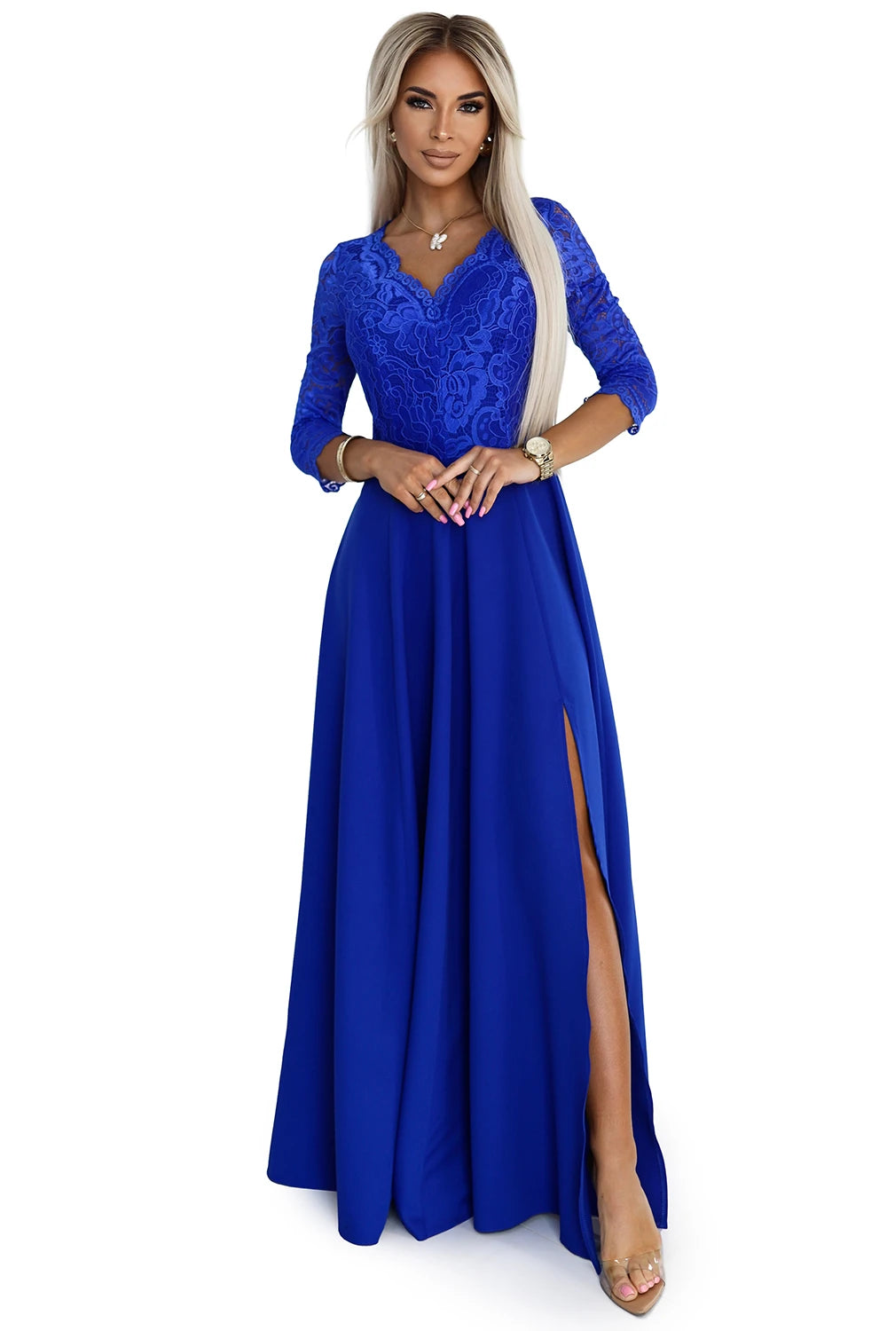 AMBER elegant lace long dress with a neckline – Royal Blue