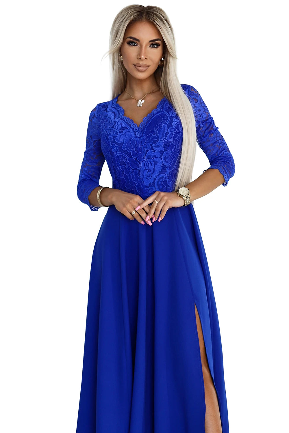AMBER elegant lace long dress with a neckline – Royal Blue