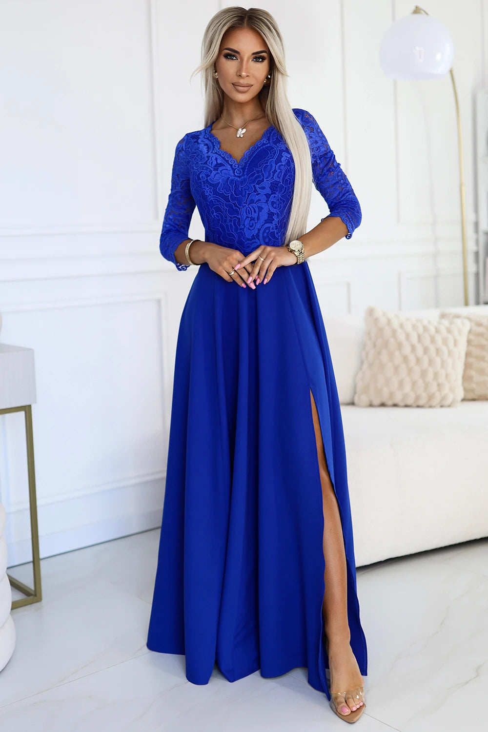 AMBER elegant lace long dress with a neckline – Royal Blue