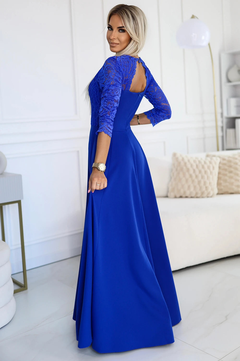 AMBER elegant lace long dress with a neckline – Royal Blue