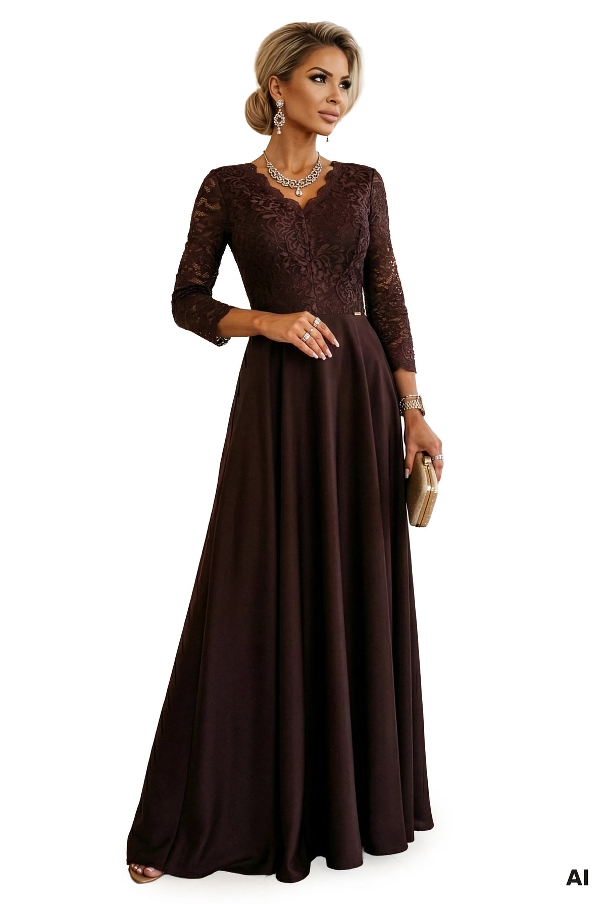 AMBER elegant long lace dress with a neckline – Chocolate