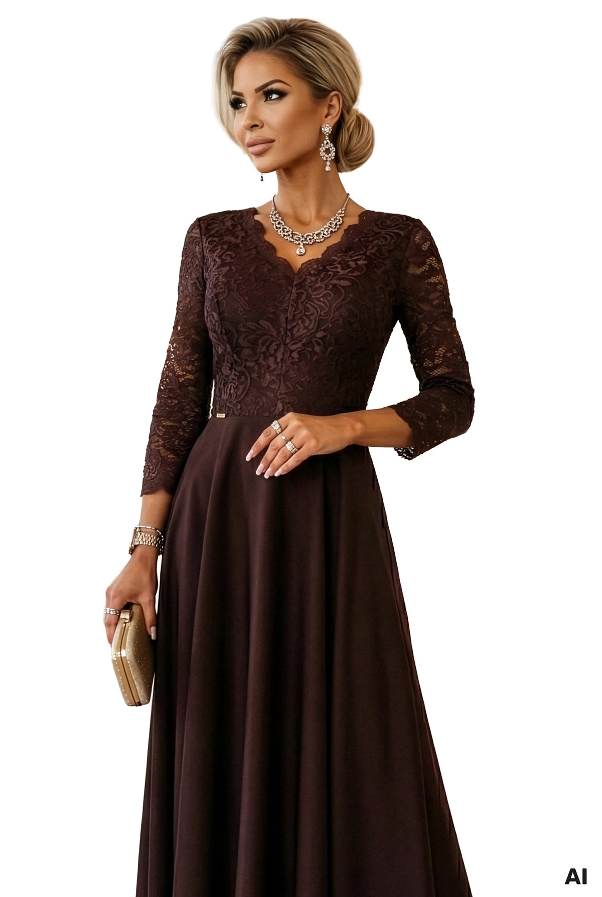 AMBER elegant long lace dress with a neckline – Chocolate