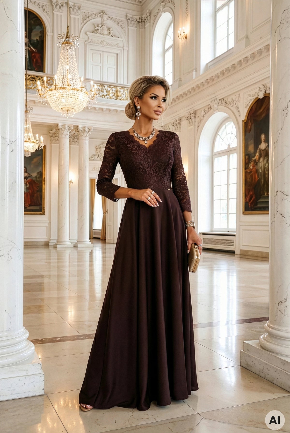 AMBER elegant long lace dress with a neckline – Chocolate