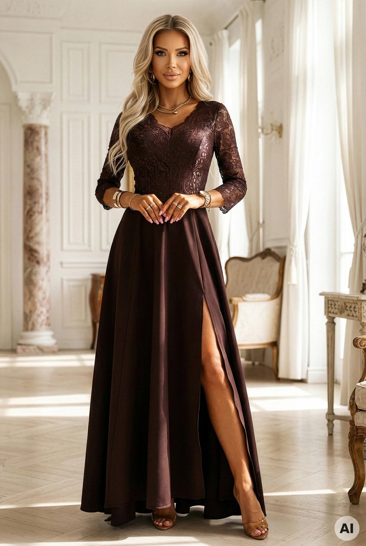 AMBER elegant long lace dress with a neckline – Chocolate