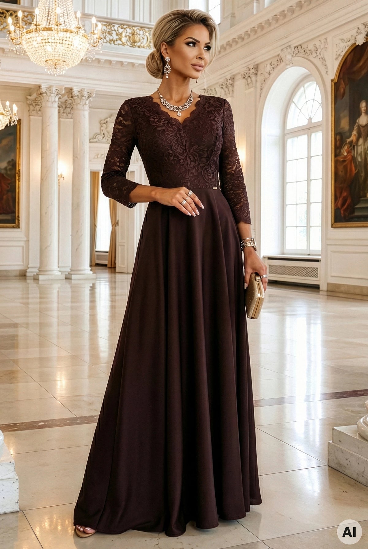 AMBER elegant long lace dress with a neckline – Chocolate