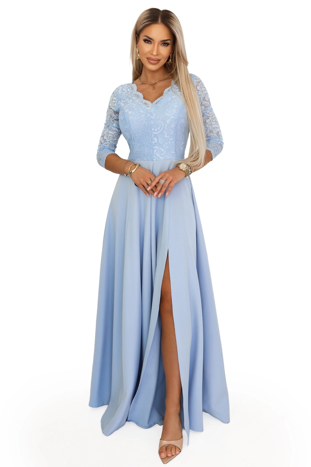 AMBER Elegant Long Lace Gown with Neckline – Sky Blue