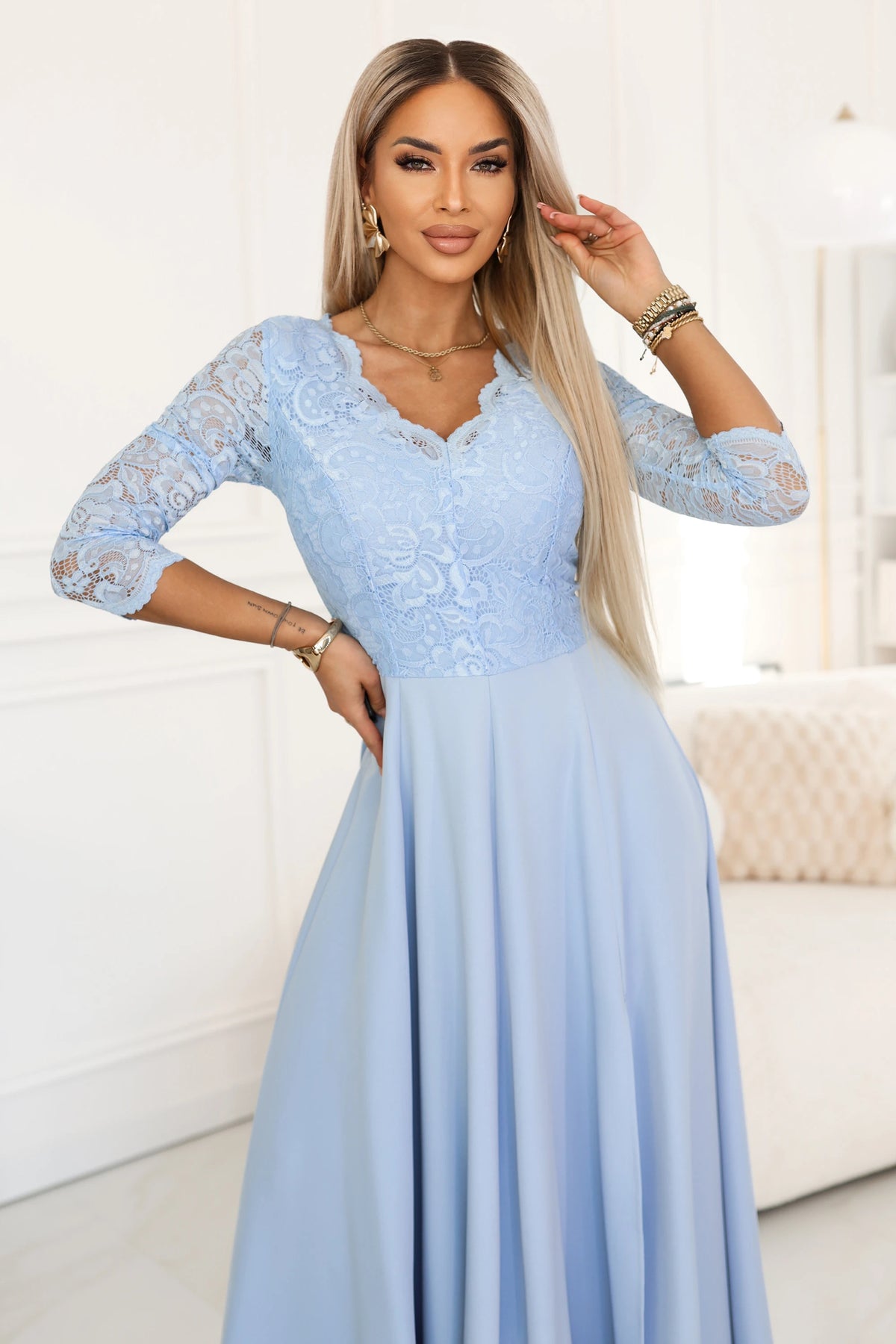 AMBER Elegant Long Lace Gown with Neckline – Sky Blue